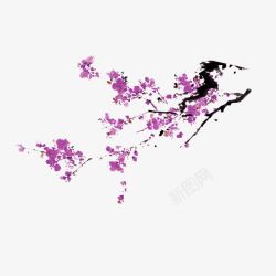 紫色桃花水墨风装饰图案素材