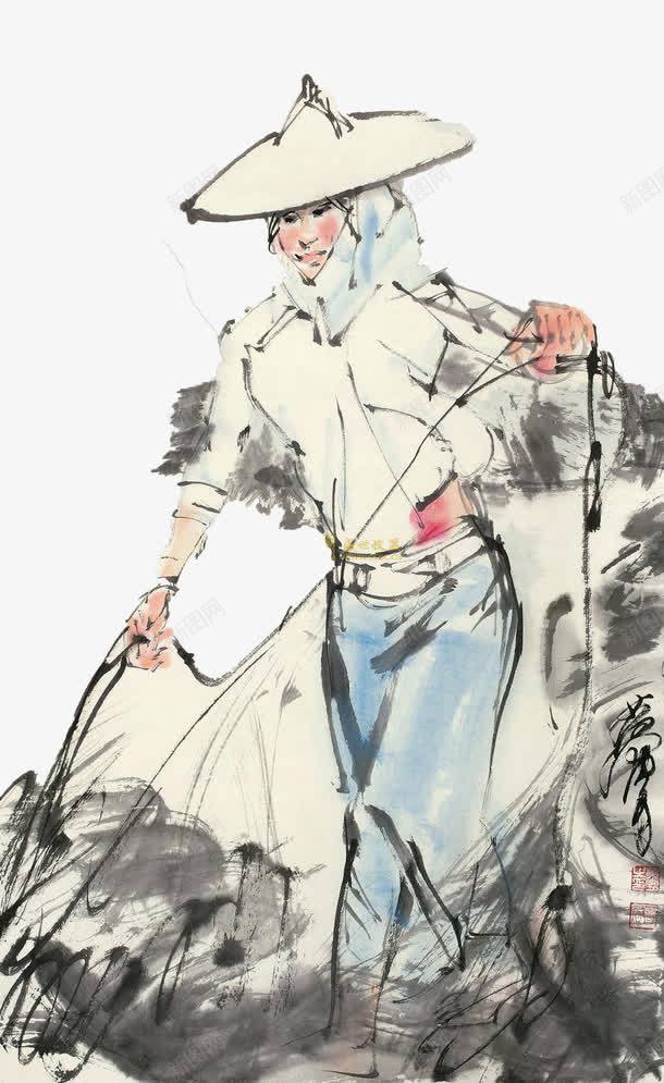 拉着渔网的惠安妇女国画png免抠素材_新图网 https://ixintu.com 国画 惠安女 惠安妇女 拉渔网 水墨画