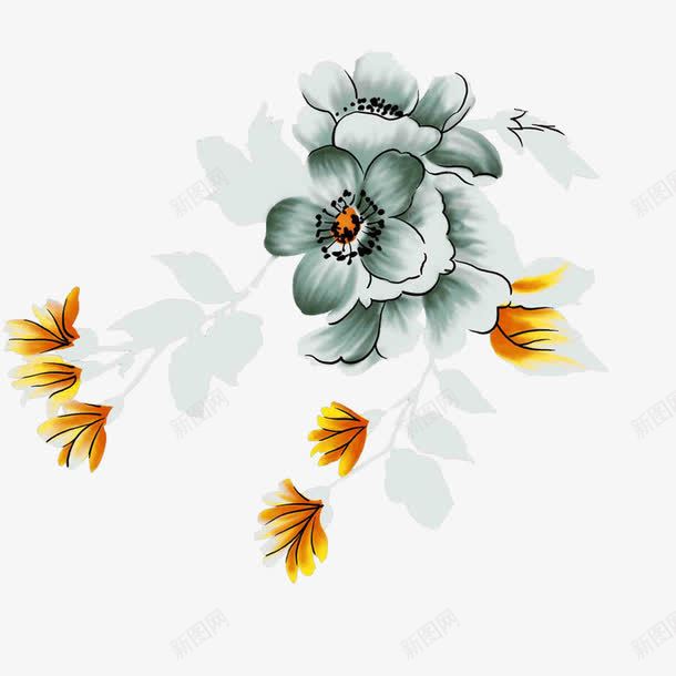 水墨画中国风桃花png免抠素材_新图网 https://ixintu.com 中国风 桃花 水墨素材 黄叶