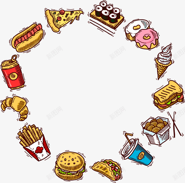 手绘美食边框矢量图ai免抠素材_新图网 https://ixintu.com 快餐 手绘 美食边框 矢量图