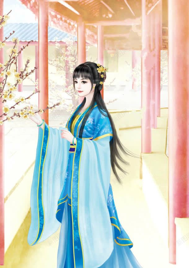 手绘古风蓝衣少女jpg高清背景_新图网 https://ixintu.com 古风 少女