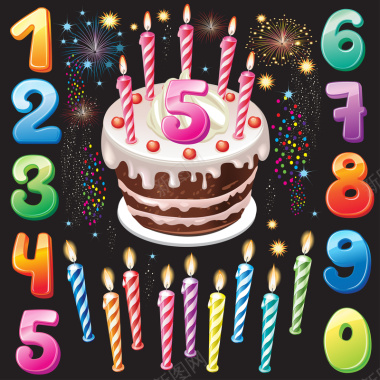 彩色蛋糕蜡烛数字生日背景矢量图背景