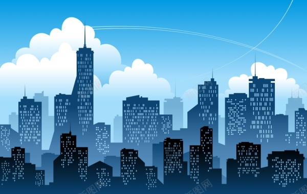 蓝色的城市剪影矢量图模板背景