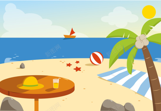 手绘夏日沙滩插画旅游平面广告矢量图背景