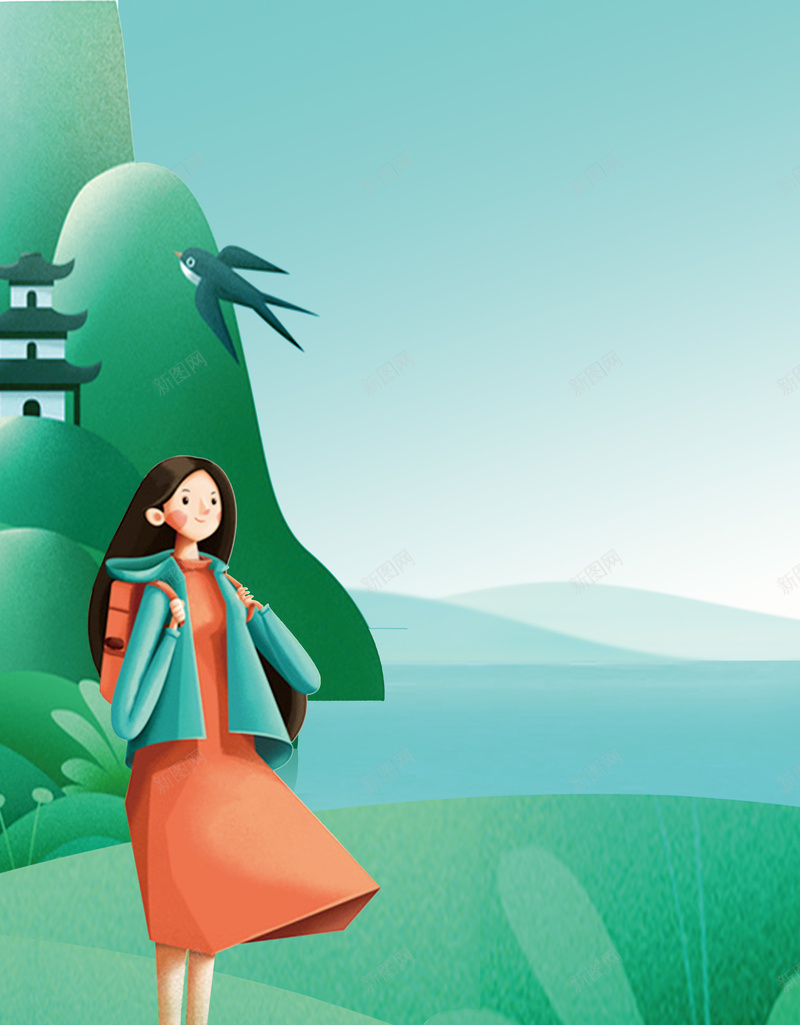 绿色手绘女孩春游踏青旅行海报psd设计背景_新图网 https://ixintu.com 女孩 手绘 旅游广告 旅游海报 春天出游 春天旅游 春季 清明春游 燕子