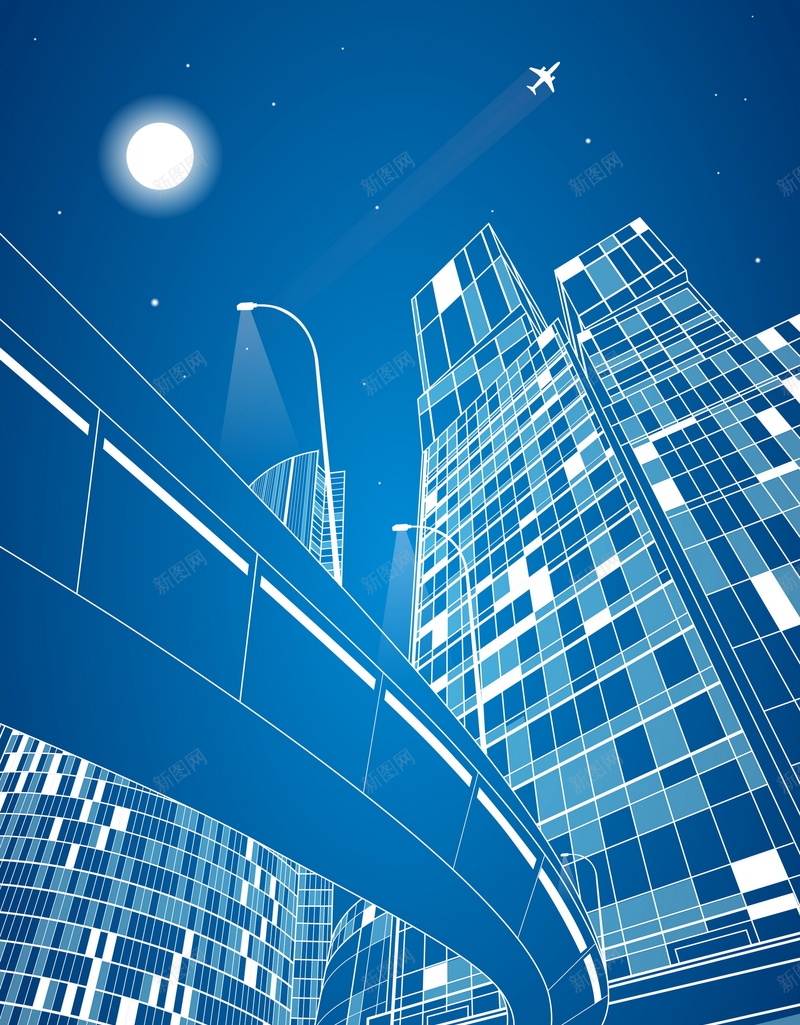 线条城市矢量图ai设计背景_新图网 https://ixintu.com 商务 城市 大厦 建筑 科幻 科技 线条 蓝色 高楼 高速公路 矢量图