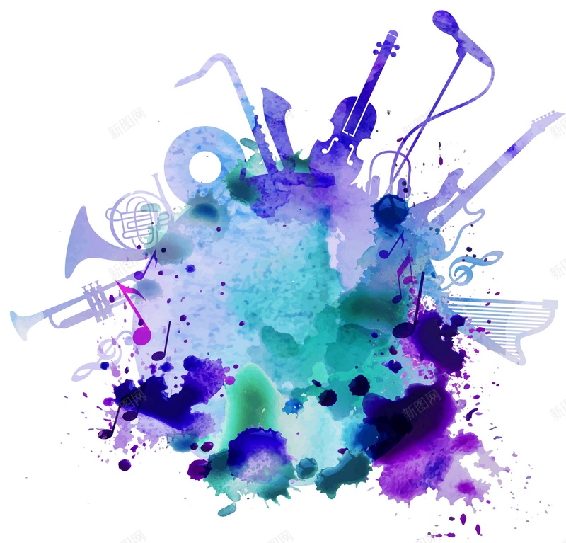 水彩音乐矢量图ai设计背景_新图网 https://ixintu.com 乐器 水彩 白色 纹理 蓝色 质感 音乐 矢量图