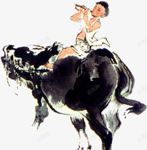 牧童吹笛png免抠素材_新图网 https://ixintu.com 吹笛 水墨画 牧童
