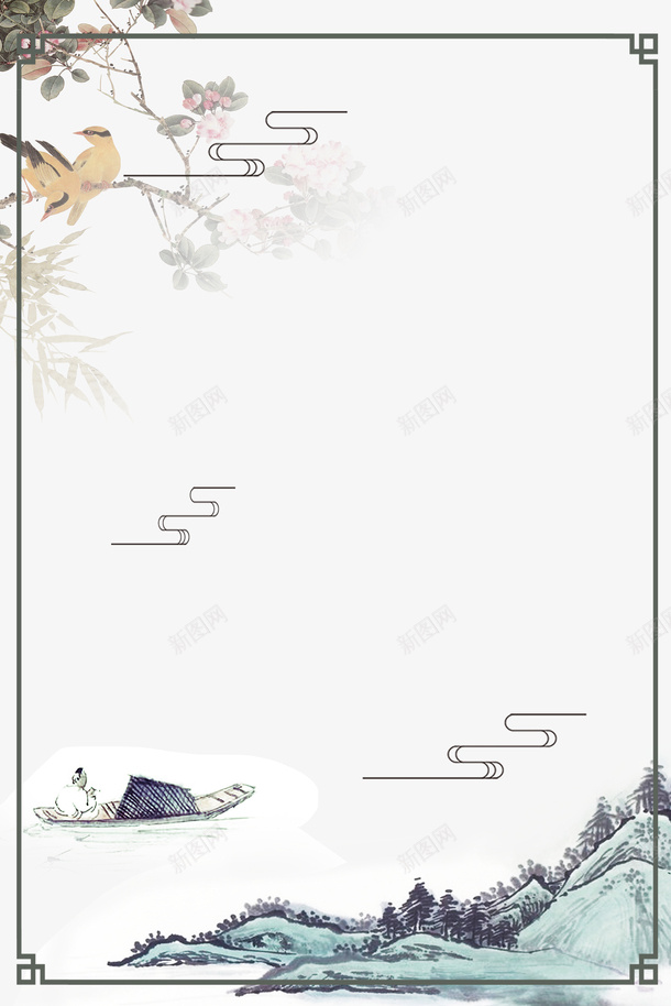 古风鸟花祥云线框船psd免抠素材_新图网 https://ixintu.com 古风 四角线框 祥云 线框 船 花 鸟