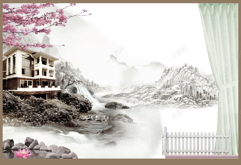 山庄房产海报背景psd设计背景_新图网 https://ixintu.com psd分层素材 其他 创意 创意房产广告 山庄 房产 桃花 水池 源文件库 溪流 窗帘 美女 花谣印象 荷花 高山