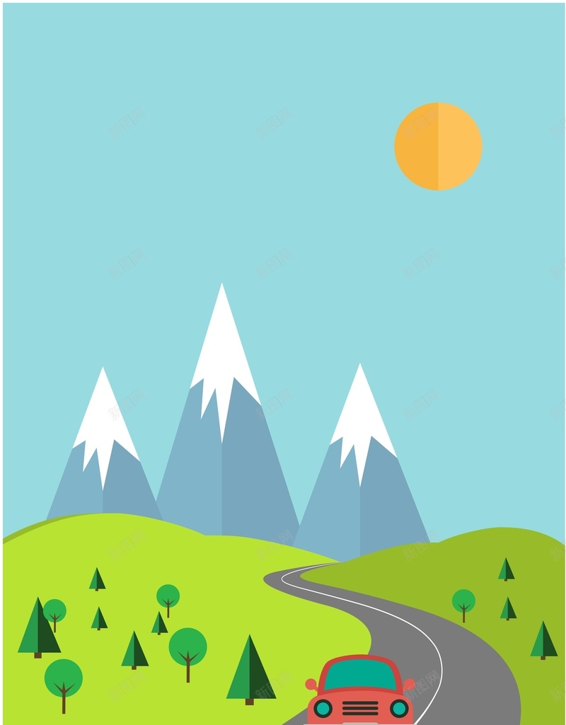 扁平卡通风景海报矢量背景ai设计背景_新图网 https://ixintu.com 公路 卡通 太阳 山峰 扁平 海报 田野 矢量 背景 风景 矢量图