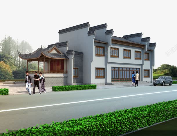 仿古街景png免抠素材_新图网 https://ixintu.com 仿古 汽车 行人 街景