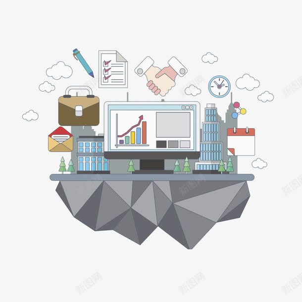 卡通立体商务创景图png免抠素材_新图网 https://ixintu.com 卡通 手绘 提包 握手 时钟 柱状图 电脑 立体的