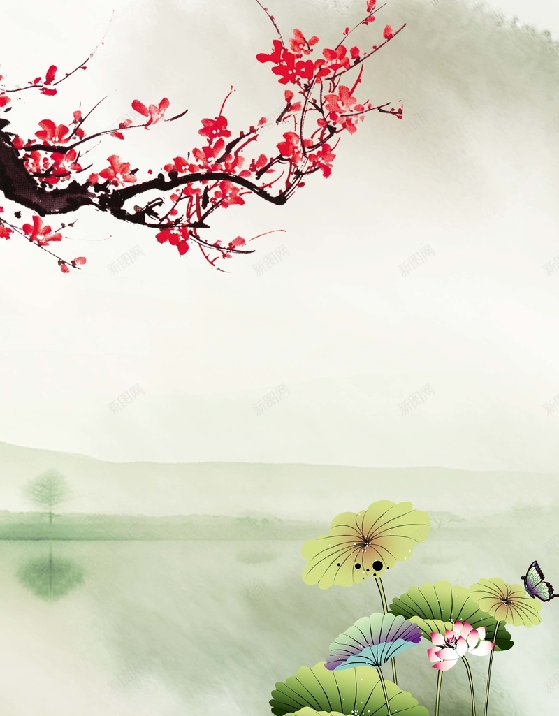 清明节荷花梅花广告背景psd设计背景_新图网 https://ixintu.com 中国风清明 古典清明 古风 梅花 水墨 清明印象 清明节海报 荷花