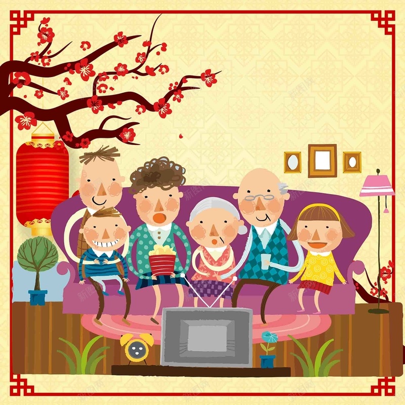 春节回家团聚一家人春晚梅花灯笼海报背景矢量图ai设计背景_新图网 https://ixintu.com 一家人 回家 回家过年 团聚 大红 守岁 小孩子 放鞭炮 春晚 春节 春节晚会 春节海报 灯笼 老人 矢量图