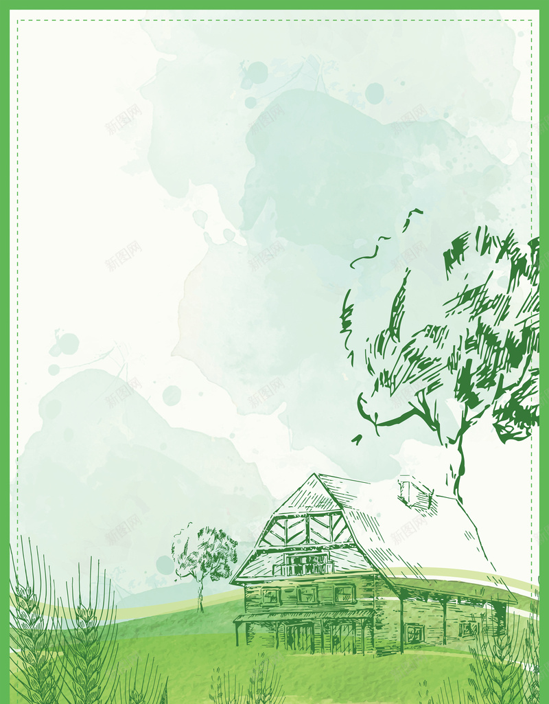 绿色清新乡村手绘插画矢量背景ai设计背景_新图网 https://ixintu.com 乡村农家 乡村建筑 乡村旅行海报 喜欢 手绘插画 村庄手绘 清新背景 矢量手绘乡村海报素材 绿色 麦穗 矢量图