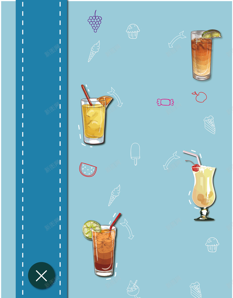 卡通清新水果茶菜单海报矢量图ai_新图网 https://ixintu.com 卡通 夏日 奶茶店 果汁 水果茶 海报 清新 素材 背景 菜单 蓝色 设计 矢量图