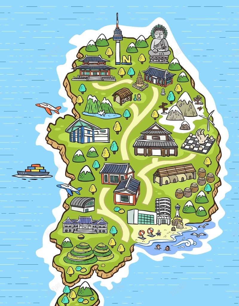 手绘矢量旅游韩国大佛景点地图海报背景ai设计背景_新图网 https://ixintu.com 地图 手绘 旅游 景点 景福宫 济州岛 海报 矢量 背景 青瓦台 韩国 韩国地图 韩国旅游 矢量图