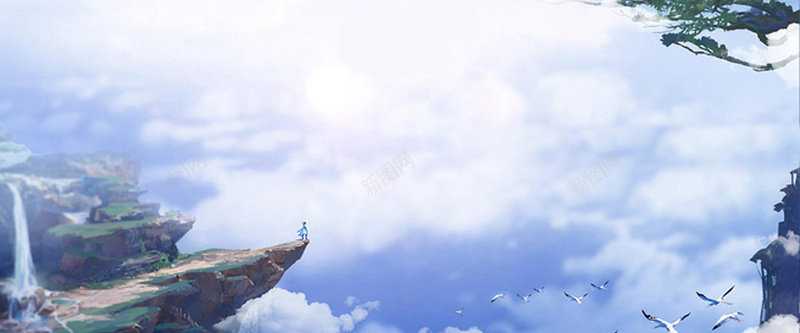 仙境悬崖瀑布飞鸟天空卡通jpg设计背景_新图网 https://ixintu.com 中国风 仙境 卡通 天空 悬崖 海报banner 瀑布 飞鸟
