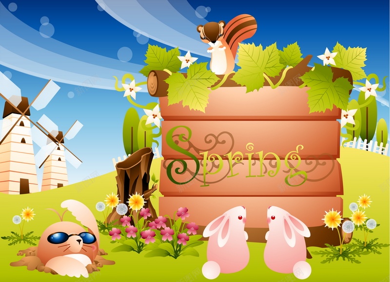 卡通动物木板矢量图ai设计背景_新图网 https://ixintu.com SPRING 兔子 动物 卡通 地鼠 手绘 春天 木板 童趣 矢量图