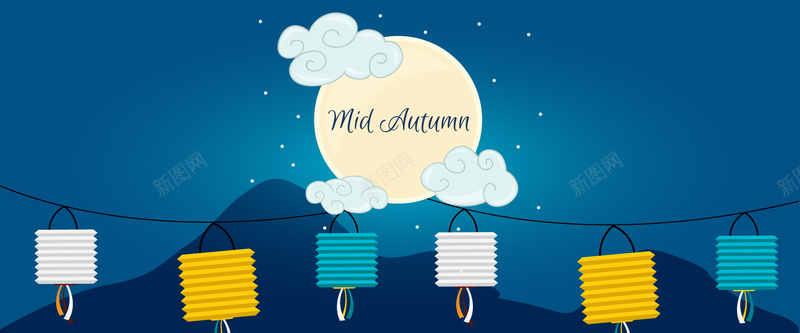中秋节的月亮和装饰的美丽的夜晚背景psd高清背景_新图网 https://ixintu.com 中秋 中秋节 中秋装饰 夜晚 月亮 海报banner 灯笼 美丽 蓝色背景