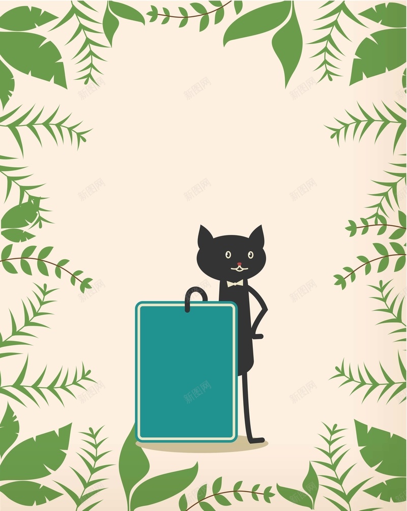 简约卡通猫背景图矢量图ai设计背景_新图网 https://ixintu.com ai 卡通 手绘 海报背景 灰色 猫 白色 矢量 矢量猫 矢量花边 童趣 绿叶 绿叶边框 矢量图