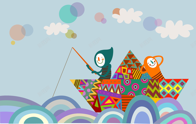 卡通动物钓鱼矢量图ai设计背景_新图网 https://ixintu.com 动物 卡通 多彩 大海 手绘 浪花 童趣 船 钓鱼 矢量图