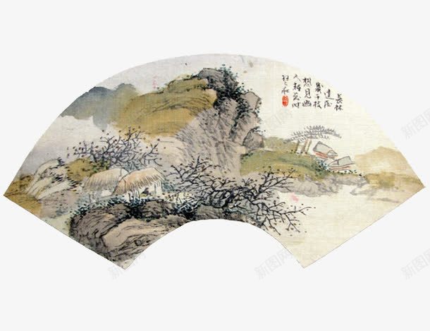 扇形扇面png免抠素材_新图网 https://ixintu.com 中国风 古风 扇形边框 水墨画 题字