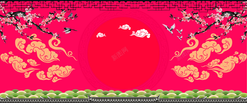 中国风屋檐梅花祥云图案电商海报背景图psd设计背景_新图网 https://ixintu.com 中国风 屋檐 梅花 海报背景 祥云圆环 祥云底纹 祥云红色 祥云花纹 祥云边框 祥云金色
