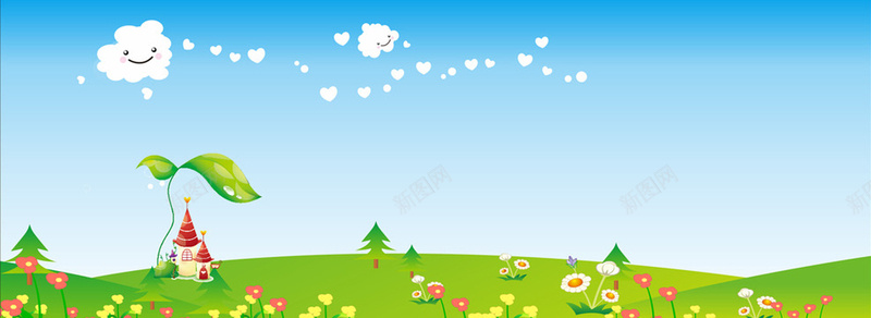 绿色郊外蓝天绿草插画背景jpg设计背景_新图网 https://ixintu.com 儿童 卡通 小清新 手绘 海报banner 白云 童趣 绿色植物 蓝天