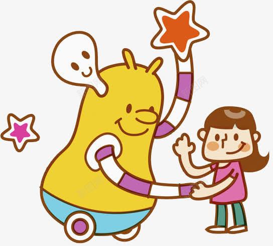 手绘女孩png免抠素材_新图网 https://ixintu.com 五角星 卡通 女孩 手绘 握手 机器人 水彩 玩耍