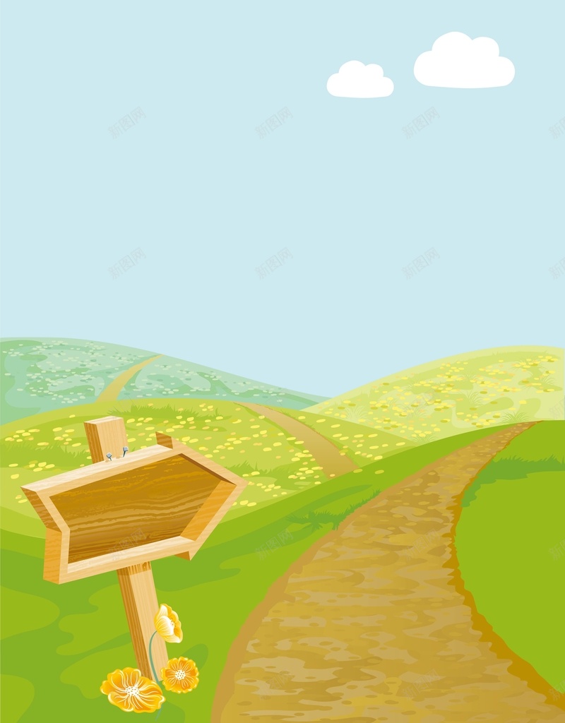 矢量卡通儿童插画草原背景ai设计背景_新图网 https://ixintu.com 儿童插画 卡通 小路 指引牌 木牌 海报 矢量 背景 草原 蓝天 风景 矢量图
