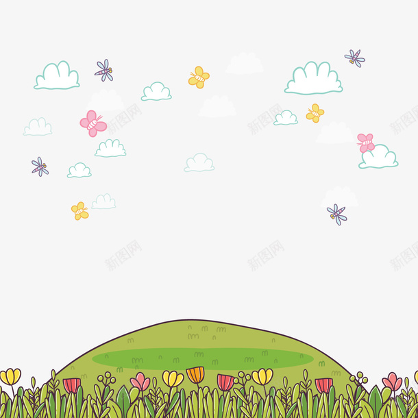 郊外卡通风景png免抠素材_新图网 https://ixintu.com 卡通风景 绿色植物 背景装饰 郊外风景 鲜花