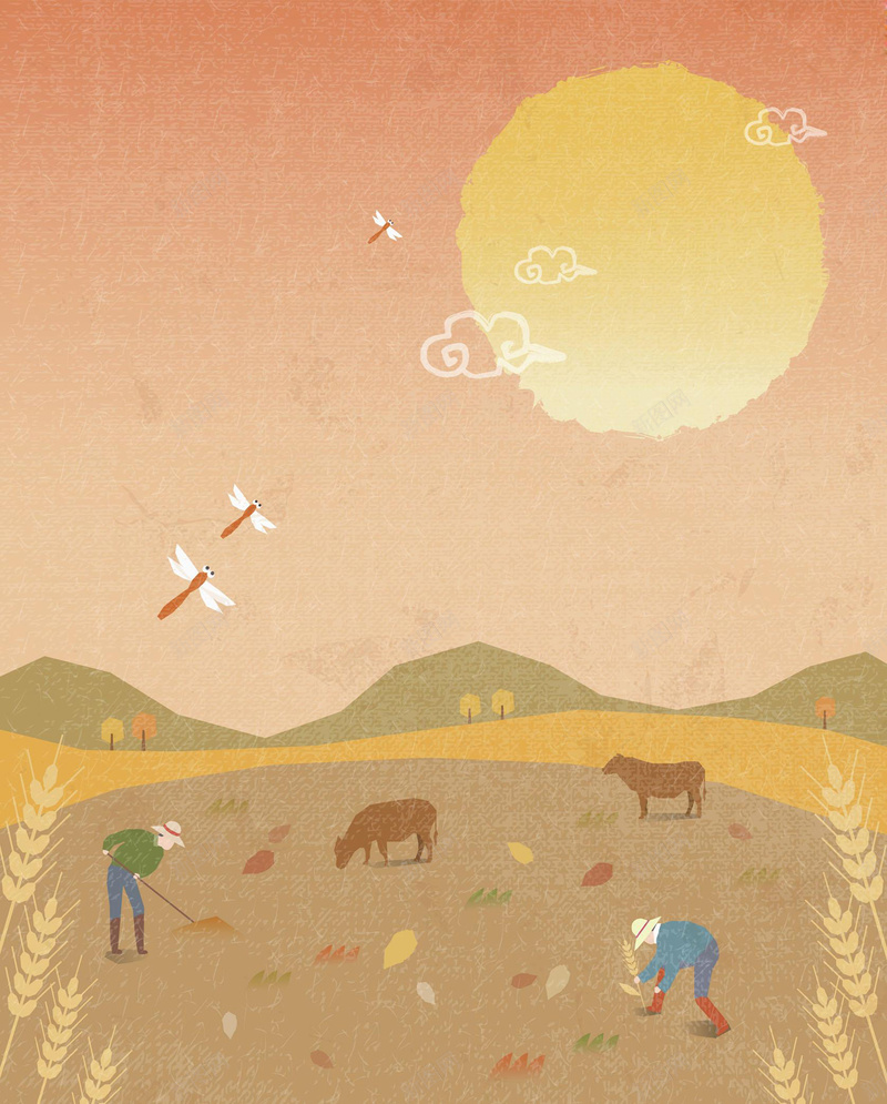 手绘田园耕种插画平面广告jpg设计背景_新图网 https://ixintu.com 农民劳作 劳作 古风 山峰 平面广告 手绘背景 插画 田园耕种 祥云 粮食 耕种画