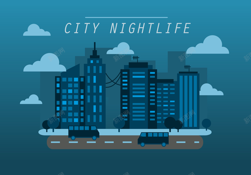 手绘城市夜生活背景矢量图ai设计背景_新图网 https://ixintu.com 可爱 城市生活 城市背景 夜生活 矢量 背景 蓝色 矢量图