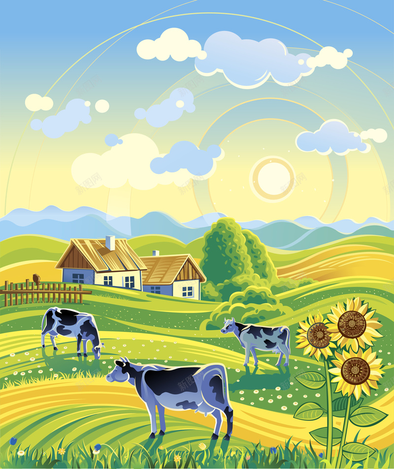 乡间田园插画背景图矢量图ai设计背景_新图网 https://ixintu.com 乡下 光感 向日葵 奶牛 插画背景 清新 牧场 田园 白云 蓝天 矢量图