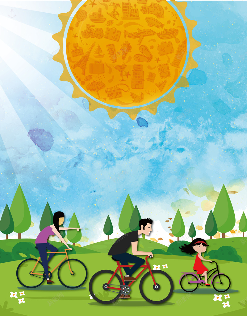 健康骑行背景矢量图ai设计背景_新图网 https://ixintu.com 健康 卡通 旅行 海报 矢量 背景 蓝天 骑行 矢量图
