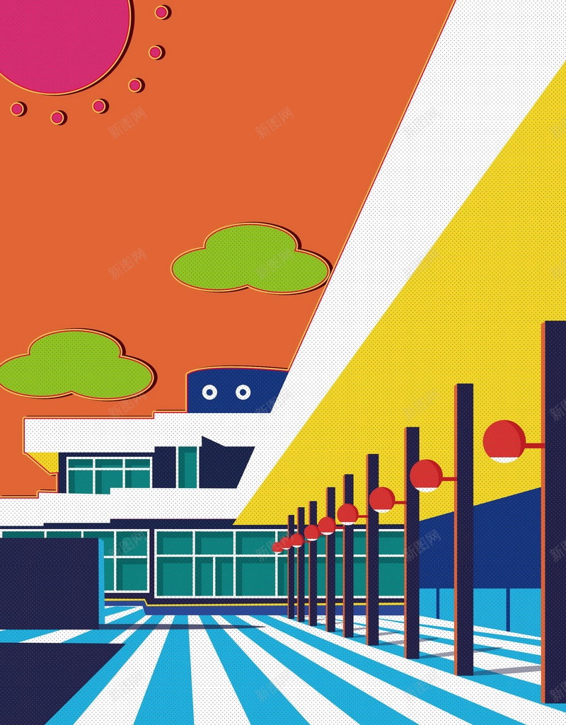 扁平化城市街景插画psd设计背景_新图网 https://ixintu.com 150PPI PSD源文件 云朵 分层文件 城市 太阳 平面设计 建筑 扁平化 扁平化城市插画 环城路 路灯 道路