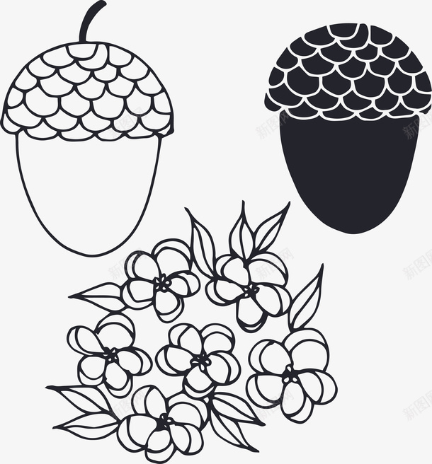 松子花朵图标png_新图网 https://ixintu.com 卡通 叶子 手绘 松子 简图 简笔 线条 花朵 黑色