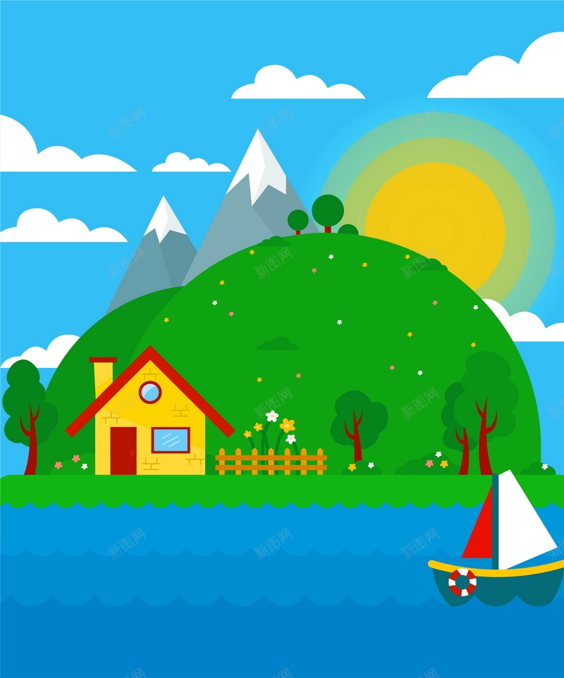 春季海边风景矢量图ai设计背景_新图网 https://ixintu.com AI 大海 太阳 帆船 平面 广告 房屋 春季 春季海边风景 春季海边风景背景图片免费下载大海 栅栏 树木 模板 海报 矢量 素材 背景 雪山 风景 矢量图