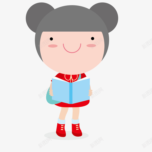 微笑看书的可爱孩子矢量图ai免抠素材_新图网 https://ixintu.com 个性 丸子头 书本 双丸子头 手绘 矢量图 红色 绘画 蓝色书籍 衣服