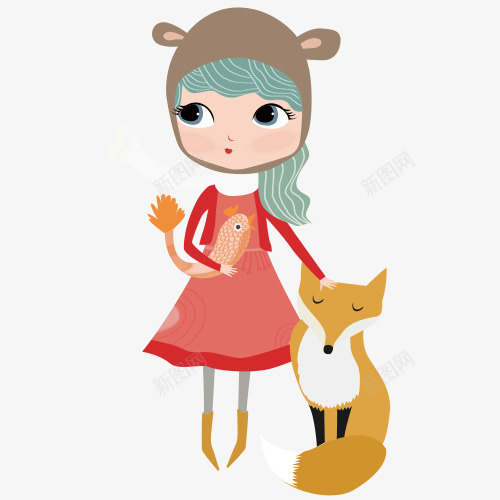 卡通人物png免抠素材_新图网 https://ixintu.com 人类与动物 卡通女孩 卡通狐狸 小清新 手绘图 装饰图