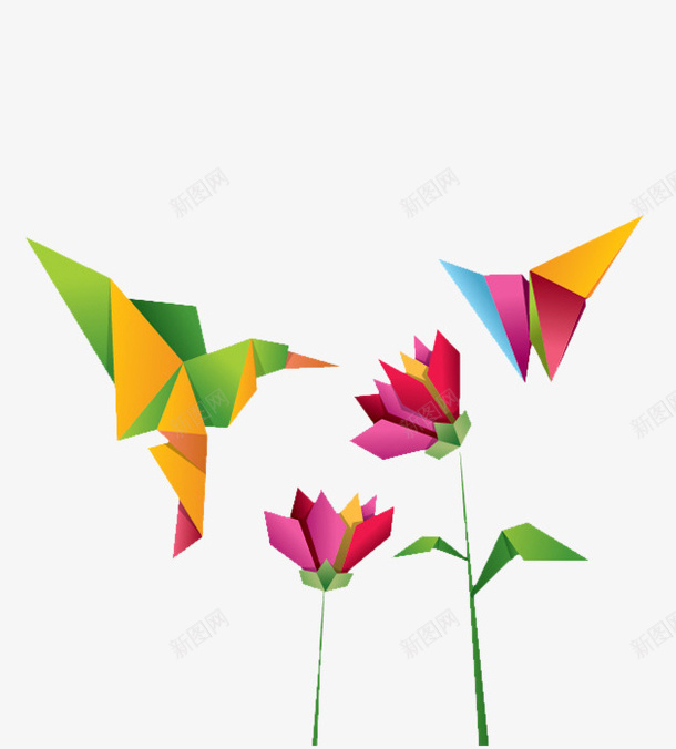 彩色的鸟和蝴蝶png免抠素材_新图网 https://ixintu.com png图片 png图片素材 免费png素材 动物 手工艺术 纸制 花朵