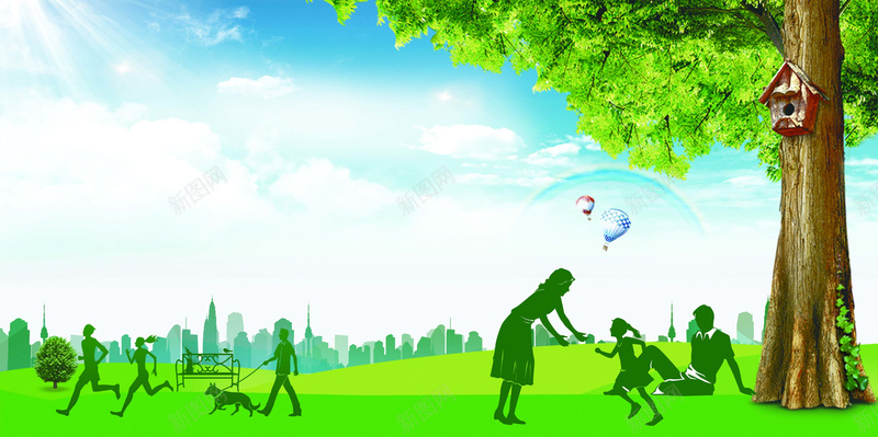 绿色环保背景psd设计背景_新图网 https://ixintu.com 卡通 卡通树屋 城市 大树 奔跑 散步 树屋 气球 环保 白云 绿色 草地 蓝天 遛狗 野餐