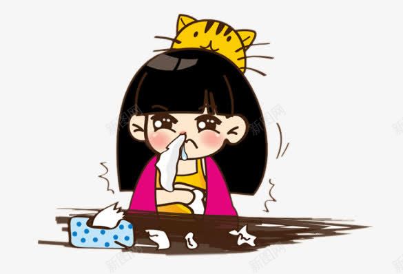 感冒中的小女孩png免抠素材_新图网 https://ixintu.com 卡通人物 感冒中的小女孩 感冒鼻塞 抽纸 生病