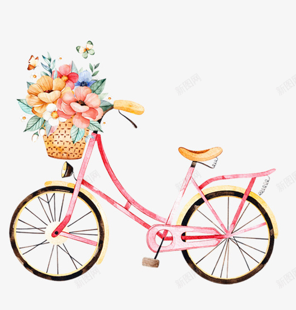卡通手绘彩色自行车png免抠素材_新图网 https://ixintu.com 卡通 复古 彩色 手绘 春天 竹筐 自行车 鲜花