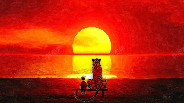海面太阳花老虎和男孩海报背景背景