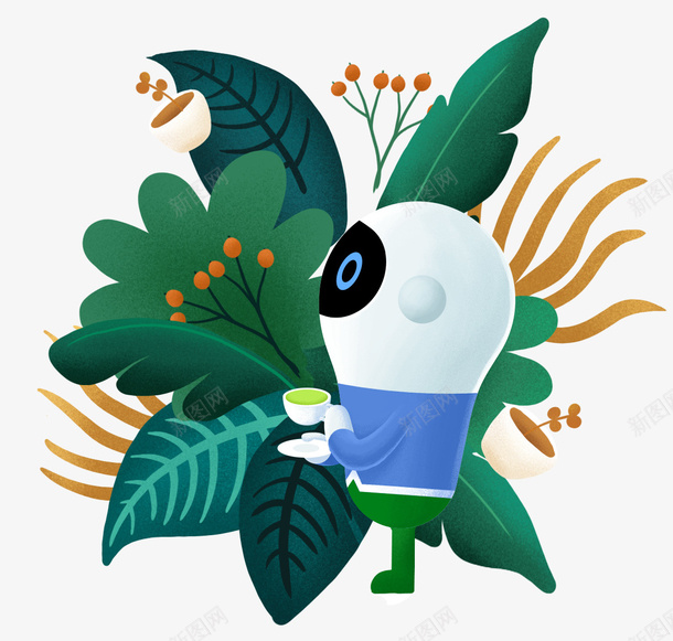 喝茶的mocpng免抠素材_新图网 https://ixintu.com 休息 叶 喝茶 机器人 草