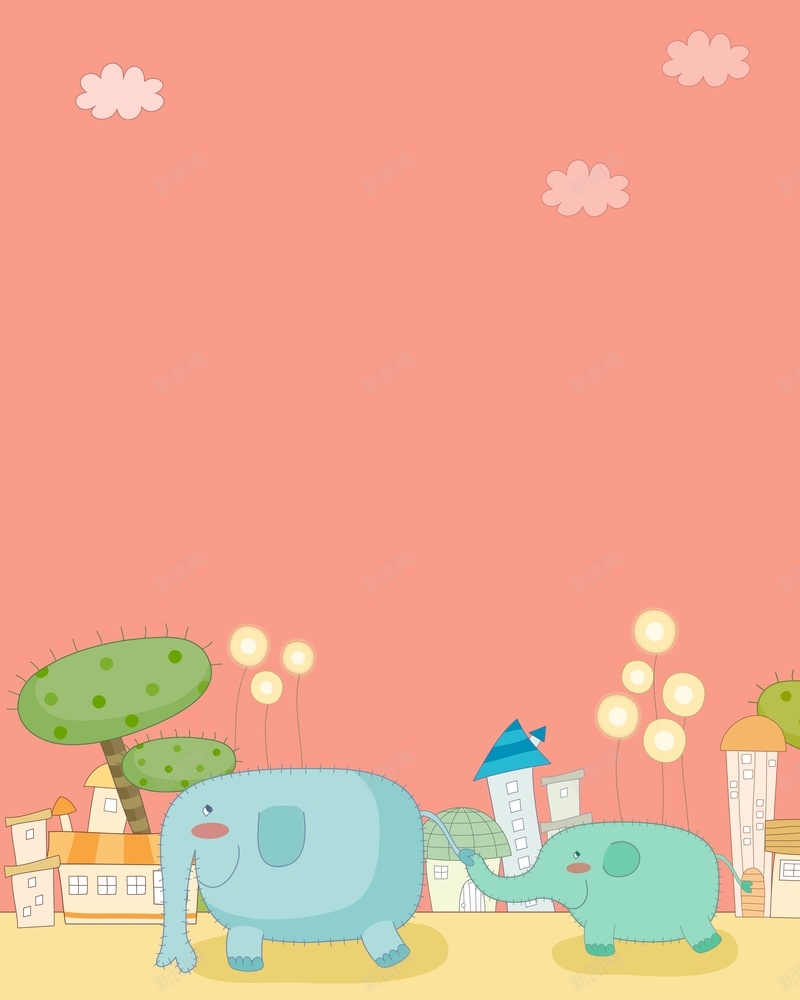 com 儿童插画 儿童节日 动物 卡通 大象 早教 海报 矢量 粉色 背景