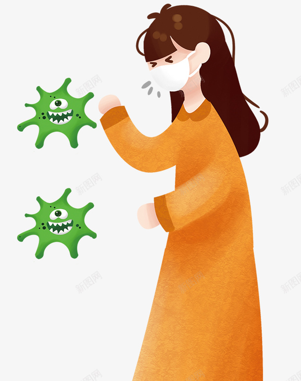 卡通新型冠状病毒和人物png免抠素材_新图网 https://ixintu.com 卡通 女孩戴口罩 新型冠状病毒 病毒